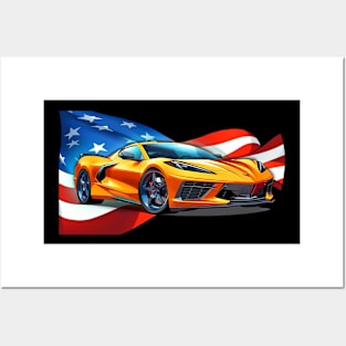 Orange C8 Corvette Fourth of July American Flag Supercar Racecar Muscle Car Sportscar July 4th Amplify Orange Corvette C8 Posters and Art